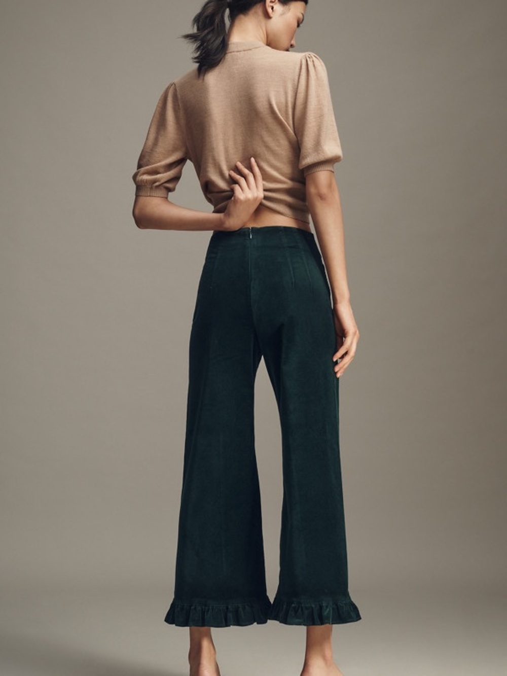Anthropologie Maeve The Colette Crop Velvet Ruffle-Hem Pants 29 Dark Hunter NWT - Picture 3 of 10